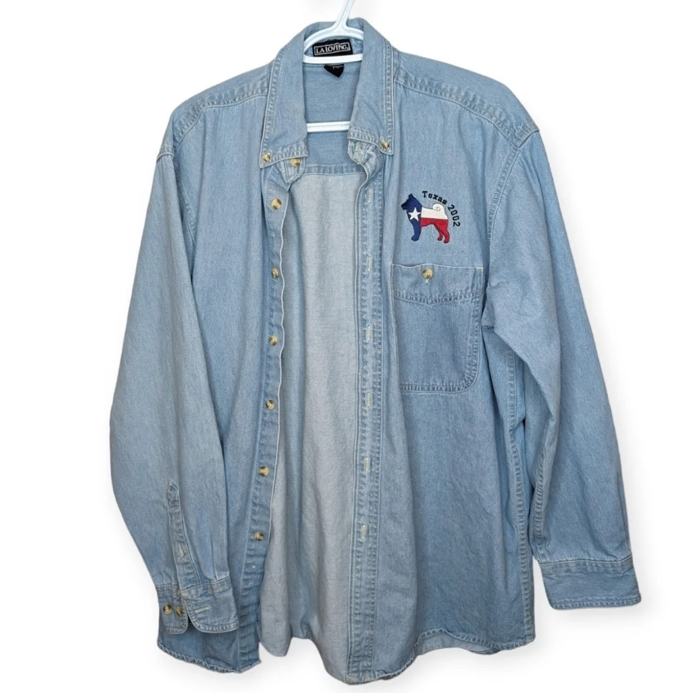 Vintage Y2K Embroidered Texas USA  Denim Collared Button Down Top Mens Large
